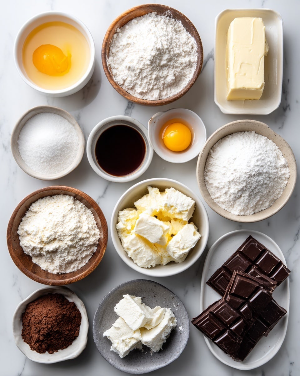 The image shows a top view of twelve small bowls and plates arranged on a white marbled surface in neat rows. From left to right, top row: a white bowl with a single egg yolk and white, a wooden bowl filled with white flour, a white rectangular dish holding a stick of butter, and a white bowl with light brown sugar. Middle row: a white bowl with white powder, a small white bowl with dark brown liquid, a wooden bowl holding a raw egg yolk, a white bowl with chunks of cream cheese, and a small gray bowl with dark brown powder. Bottom row: a white bowl with light brown sugar, a white plate with dark chocolate squares, a white bowl holding white flour, and a small gray bowl with white sugar. The ingredients are bright and clearly arranged in a clean and organized way. photo taken with an iphone --ar 4:5 --v 7