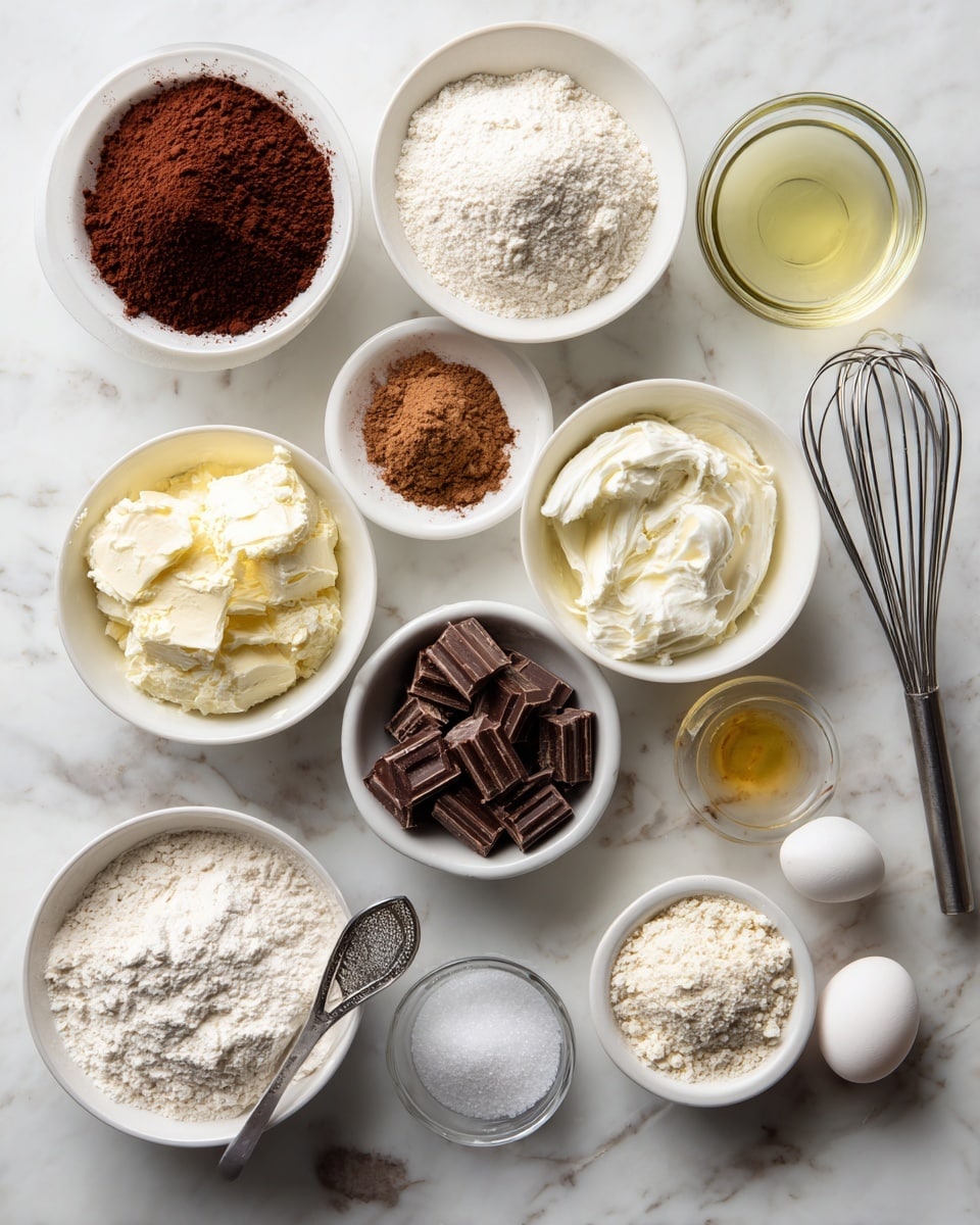 The image shows multiple small white bowls and a glass measuring cup arranged neatly on a white marbled surface. Each bowl contains a different ingredient with distinct colors and textures: off-white flour topped with dark brown cocoa powder, light brown coffee, creamy white sour cream, thick white heavy whipping cream, golden amber vanilla syrup, sparkling white sugar, light brown semi-sweet chocolate chunks, and a tiny pile of baking soda and baking powder. There is also one white egg and a clear glass cup with a pale yellow oil. A silver whisk and a small spatula are placed nearby, adding to the setup. The overall look is clean and organized, ready for baking. Photo taken with an iphone --ar 4:5 --v 7