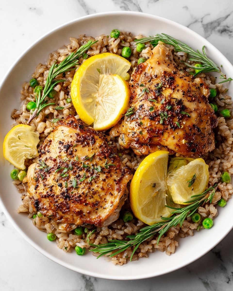 The image shows two pieces of seasoned, cooked chicken placed on top of a bed of brown rice with peas mixed in. The chicken has a golden-brown color with visible black pepper and herb spices on the skin. Thin slices of lemon and green herb sprigs are arranged on and around the chicken, adding bright yellow and green colors. All of this is on a white plate, sitting on a white marbled surface. The photo taken with an iphone --ar 4:5 --v 7