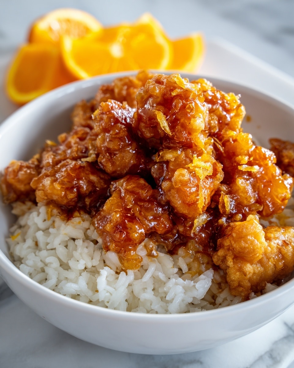 A white bowl filled with two layers: the bottom layer is white rice with a soft, grainy texture, and the top layer is dark golden-brown, crispy chunks of fried chicken covered in a shiny, thick orange sauce. The chicken pieces are piled high, showing a rough, crunchy texture with glossy highlights. The bowl is placed on a white marbled surface, and in the background, there are blurred slices of bright orange fruit. photo taken with an iphone --ar 4:5 --v 7