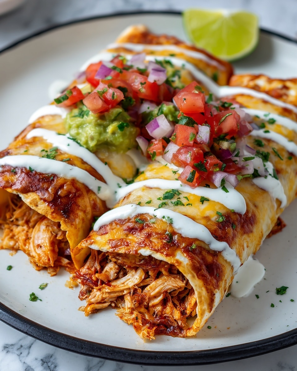 The image shows a white plate with a black rim holding two rolled enchiladas, one partially open to reveal shredded chicken mixed with small green vegetable pieces inside a golden brown tortilla. Over the filled tortilla layer, there is a layer of melted cheese with a slightly crispy texture. On top of the enchilada, there is a generous scoop of red and pink diced tomato salsa mixed with small pieces of purple onion, some green guacamole, and drizzle of white sour cream flowing in thin lines over the top and sides. In the background, a bright yellow lime wedge is placed on the white marbled surface. photo taken with an iphone --ar 4:5 --v 7