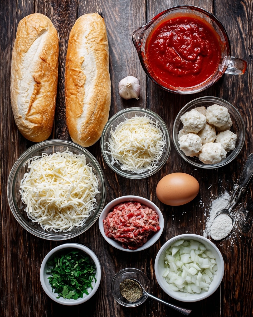 The image shows ingredients for a meatball dish arranged on a dark wood surface, changed to a white marbled texture for the prompt. There are three hoagie rolls with a light golden crust placed on the left side. Near the top right, a clear glass measuring cup filled with bright red marinara sauce is placed. Below the bread, a clear glass bowl contains shredded white mozzarella cheese, to its right is another clear glass bowl with little white bread pieces soaked in milk. Two small white bowls hold grated Parmesan cheese, one placed near the center and the other above it. To the right, a clear glass bowl has finely chopped white onions. Near the bottom, a small bowl with mixed green herbs is labeled with parsley, basil, salt, and black pepper. Slightly off-center near the bottom right, a white bowl contains a chunk of bright red ground beef. Two cloves of white garlic sit in the middle, next to a brown whole egg. Below them, a small metal teaspoon holds dried oregano. The entire setup is on a white marbled surface, photo taken with an iphone --ar 4:5 --v 7