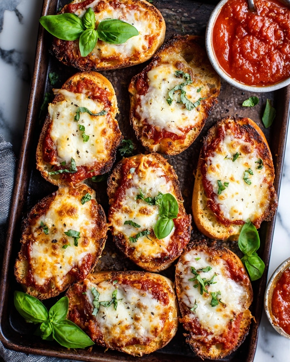 The image shows eight toasted small baguette slices arranged on a dark baking tray on a white marbled surface. Each slice is topped with a rich red tomato sauce, melted white cheese that looks soft and slightly bubbly, and a fresh green basil leaf placed on top. The edges of the bread are golden brown and crispy. There is a small bowl of red tomato sauce partially visible at the bottom right corner. The photo taken with an iphone --ar 4:5 --v 7