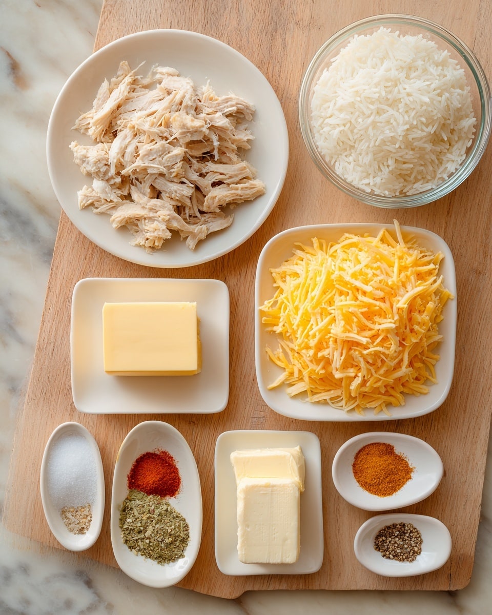 The image shows a white round plate filled with shredded light brown cooked chicken on the top left, beside it is a clear glass bowl filled with white cooked rice. Below these, a white square plate holds a pile of yellow shredded cheese. To the left of that, a white square bowl contains a small yellow block of butter, and below it is another white square bowl with a pale yellow block of cream cheese. On the right side of these, there are three small white dishes: two oval-shaped with different spices—one with a reddish-brown powder and another with a bright orange powder—and one small round bowl each holding salt and black pepper. At the bottom left, a white oval dish holds salt and a greenish spice. All items are arranged neatly on a wooden surface replaced by white marbled texture. photo taken with an iphone --ar 4:5 --v 7