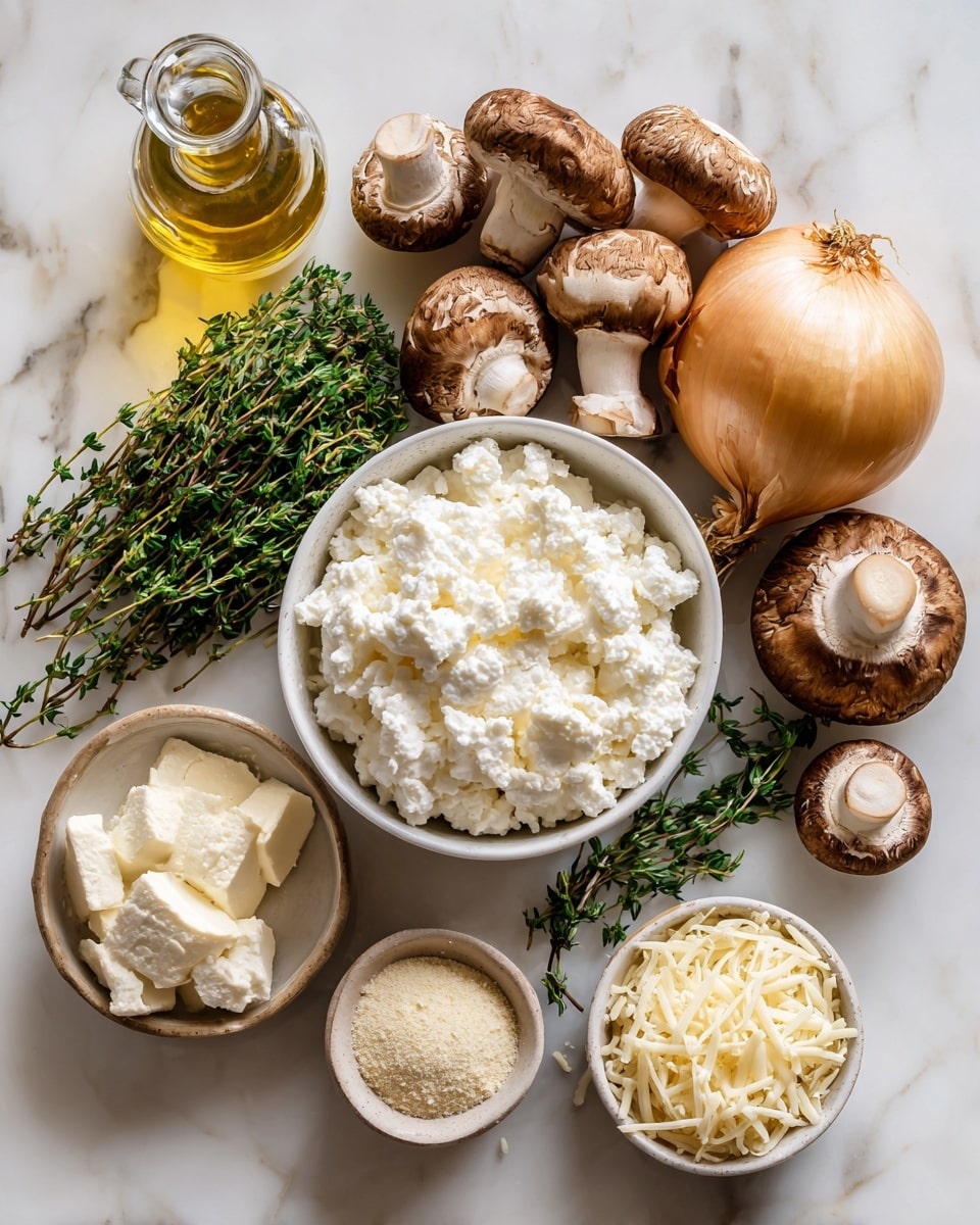 A white marble surface holds an assortment of ingredients arranged neatly: a small white bowl filled with soft white cottage cheese, a bunch of fresh green thyme sprigs, a cluster of whole brown mushrooms, a golden brown onion, a small glass bottle of olive oil, a piece of soft white cream cheese, a small container of pale yellow garlic powder, a small pile of shredded white mozzarella cheese, and a small bowl of finely grated light tan parmesan cheese. Photo taken with an iphone --ar 4:5 --v 7