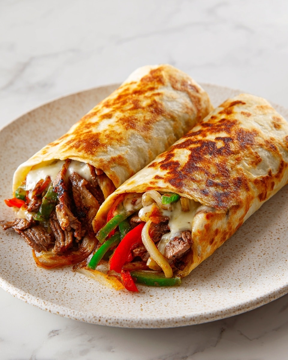 A sliced round meat and cheese stuffed dish sits on a white plate with a blue interior. The top layer is golden brown and crispy with some darker spots. Inside, there is a layer of ground meat mixed with small pieces of cooked green peppers and onions. White melted cheese stretches and oozes from the middle. The plate rests on a white marbled surface. photo taken with an iphone --ar 4:5 --v 7