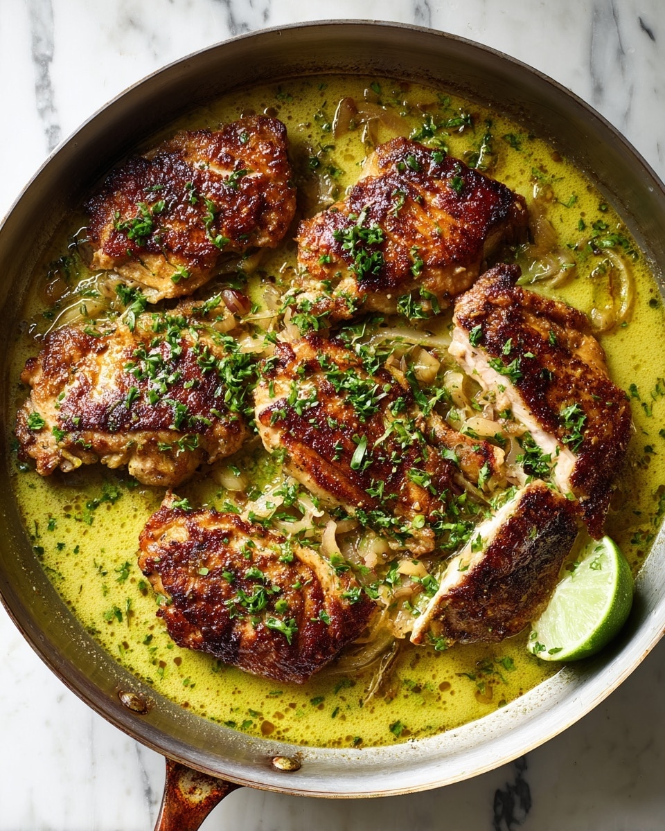 A pan filled with six browned, cooked pieces of chicken layered in a light greenish-yellow sauce mixed with small bits of chopped onions and herbs, sprinkled with finely chopped green herbs on top, with a half lime placed on the side near the edge of the pan. The scene is set on a white marbled surface. photo taken with an iphone --ar 4:5 --v 7