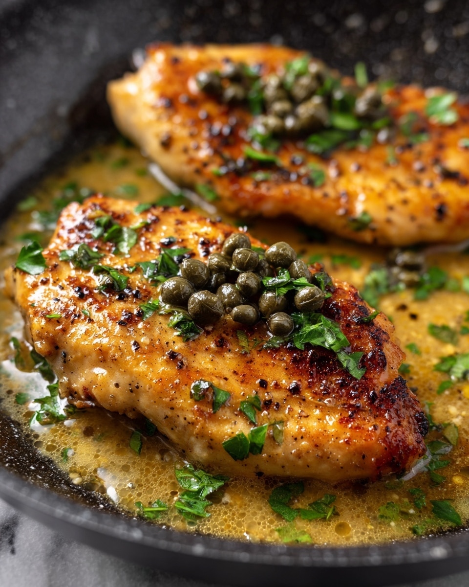Two golden brown cooked chicken breasts sit side by side in a dark pan filled with light brown buttery sauce. The chicken breasts have a slightly crispy texture with specks of black pepper and small green parsley leaves scattered on top. Tiny capers are also sprinkled over the chicken, adding texture. The sauce beneath is shiny and smooth, covering the bottom of the pan. Photo taken with an iphone --ar 4:5 --v 7