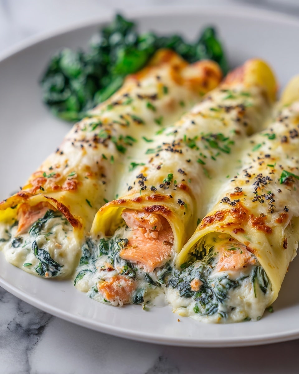 The image shows three rolled pasta tubes placed side by side on a white plate, each filled with a creamy mixture that has visible pieces of spinach and some orange bits inside. The pasta on the outside is pale yellow and smooth. On top of the pasta rolls, there is a melted, slightly browned cheese layer, sprinkled with chopped green herbs and black pepper. More chopped herbs are scattered around the rolls on the plate. The background has a white marbled texture. photo taken with an iphone --ar 4:5 --v 7