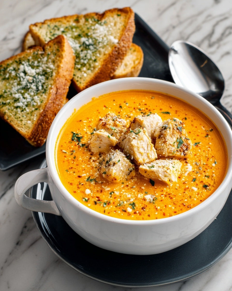 A shiny black bowl with two handles holds a creamy orange soup filled with three large pieces of golden brown seasoned food, sprinkled with shredded white cheese and green herb strips. The bowl is placed on a dark surface with a silver spoon resting next to it. On the bottom right corner, there are two slices of crusty bread with a light brown crust and soft inside. The background shows a blurred piece of bread on a wooden surface. Photo taken with an iphone --ar 4:5 --v 7