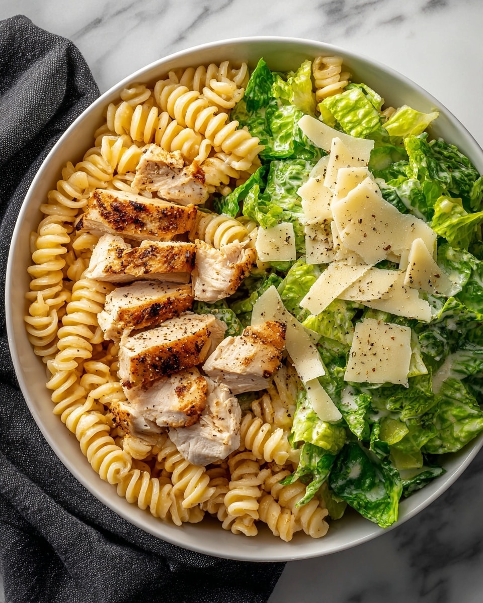 A white bowl holds a layered dish starting with a base of light yellow rotini pasta spread evenly across the bottom. On top of the pasta are pieces of grilled chicken with a golden brown outside and white inside, scattered through the dish. Bright green fresh lettuce leaves sit above and around the chicken and pasta, showing a crisp texture with a creamy dressing coating some parts. Thin, pale yellow shaved cheese pieces are spread lightly on top, with a sprinkle of finely grated cheese and ground black pepper adding texture and contrast. The bowl is placed on a white marbled surface, and a dark cloth is partially visible on the left side. Photo taken with an iphone --ar 4:5 --v 7