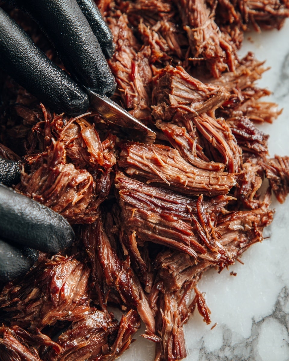This image shows a close-up of shredded, cooked meat being pulled apart by a woman's hands wearing black gloves. The meat is deep reddish-brown with a shiny, moist texture and looks tender with visible muscle fibers. The background is a white marbled surface, and the meat fills most of the frame, showing some darker and lighter pieces mixed together. The image focuses tightly on the meat and the woman's hands. photo taken with an iphone --ar 4:5 --v 7