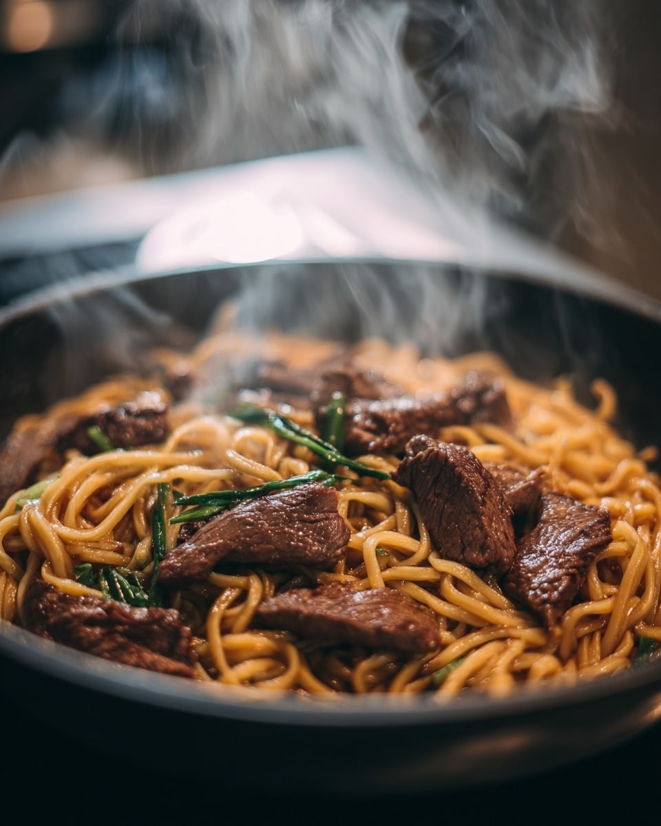 The image shows a close-up of a black pan filled with several thick pieces of dark brown beef on top of a bed of long, light brown noodles. The noodles have a glossy texture and some look tangled around the meat, which is evenly spread all over the pan. Steam rises softly from the hot dish, giving a fresh and warm feeling. The black pan contrasts well with the rich colors of the noodles and beef. The background is blurry with a soft light, focusing fully on the steaming food. photo taken with an iphone --ar 4:5 --v 7