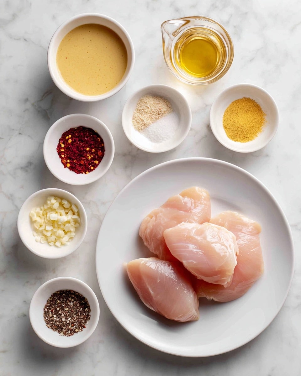 The image shows eight small white bowls and one white plate arranged on a white marbled surface. The white plate holds three raw boneless skinless chicken pieces, light pink in color with a smooth texture, positioned close to each other at the bottom right. Above and to the left of the plate, seven small white bowls contain different ingredients: Dijon mustard with a creamy, pale yellow texture; honey with a smooth, golden amber look; lemon juice, pale yellow and translucent in a small measuring cup; kosher salt appearing fluffy and white; paprika, a fine deep red powder; minced garlic, small yellowish pieces; crushed red pepper flakes, a mix of red and dark red tiny flakes; and black pepper, finely ground and dark brown to black in color. The items are neatly organized and evenly spaced. photo taken with an iphone --ar 4:5 --v 7