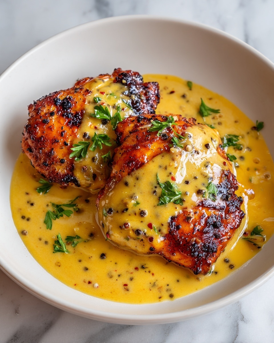 The image shows two pieces of browned chicken on a white plate, covered with a thick yellow sauce with visible black pepper flecks. The chicken is golden with charred spots, and small green parsley leaves are scattered on top and around the pieces. The sauce pools under the chicken, giving it a shiny, glossy appearance. The plate sits on a white marbled surface. photo taken with an iphone --ar 4:5 --v 7