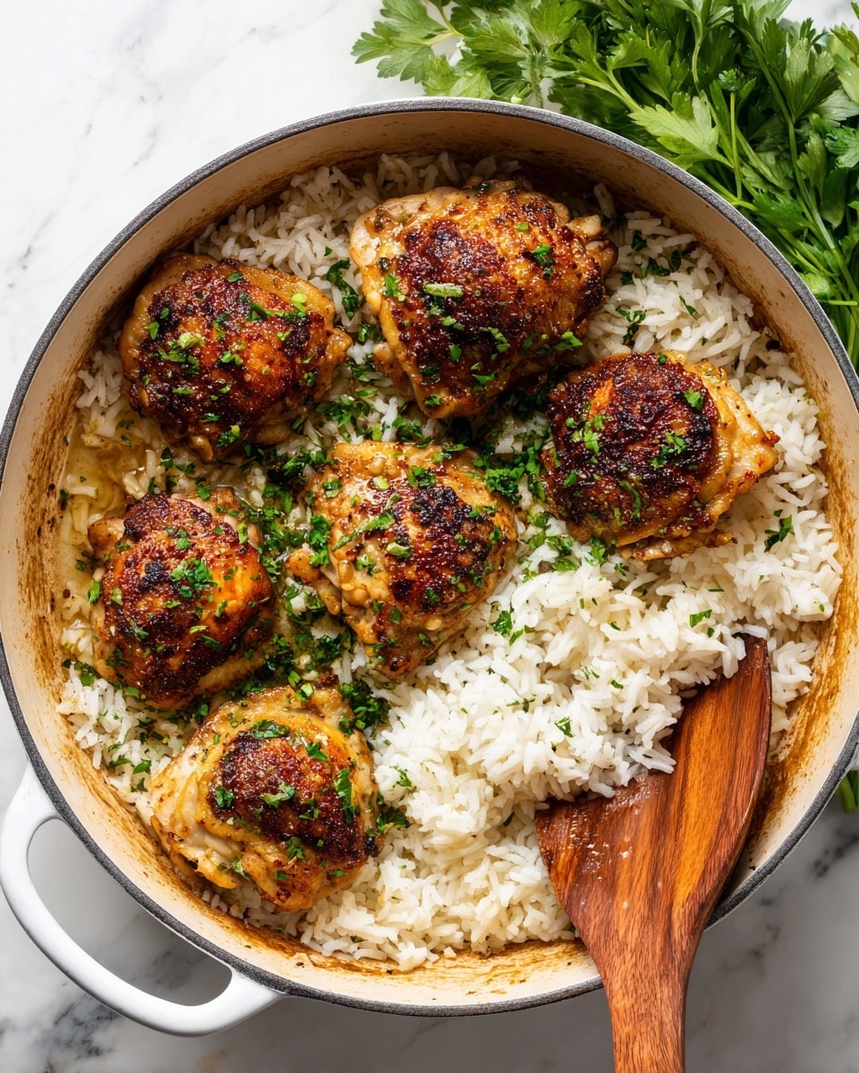 The image shows a white round pot filled with cooked white rice at the bottom. On top of the rice, there are five seasoned cooked chicken thighs with golden-brown crispy skin, lightly sprinkled with chopped green herbs. A wooden spatula rests on the rice, lifting some grains on the right side of the pot. The pot is placed on a white marbled surface, with a bunch of fresh green herbs visible in the top right corner. Photo taken with an iphone --ar 4:5 --v 7