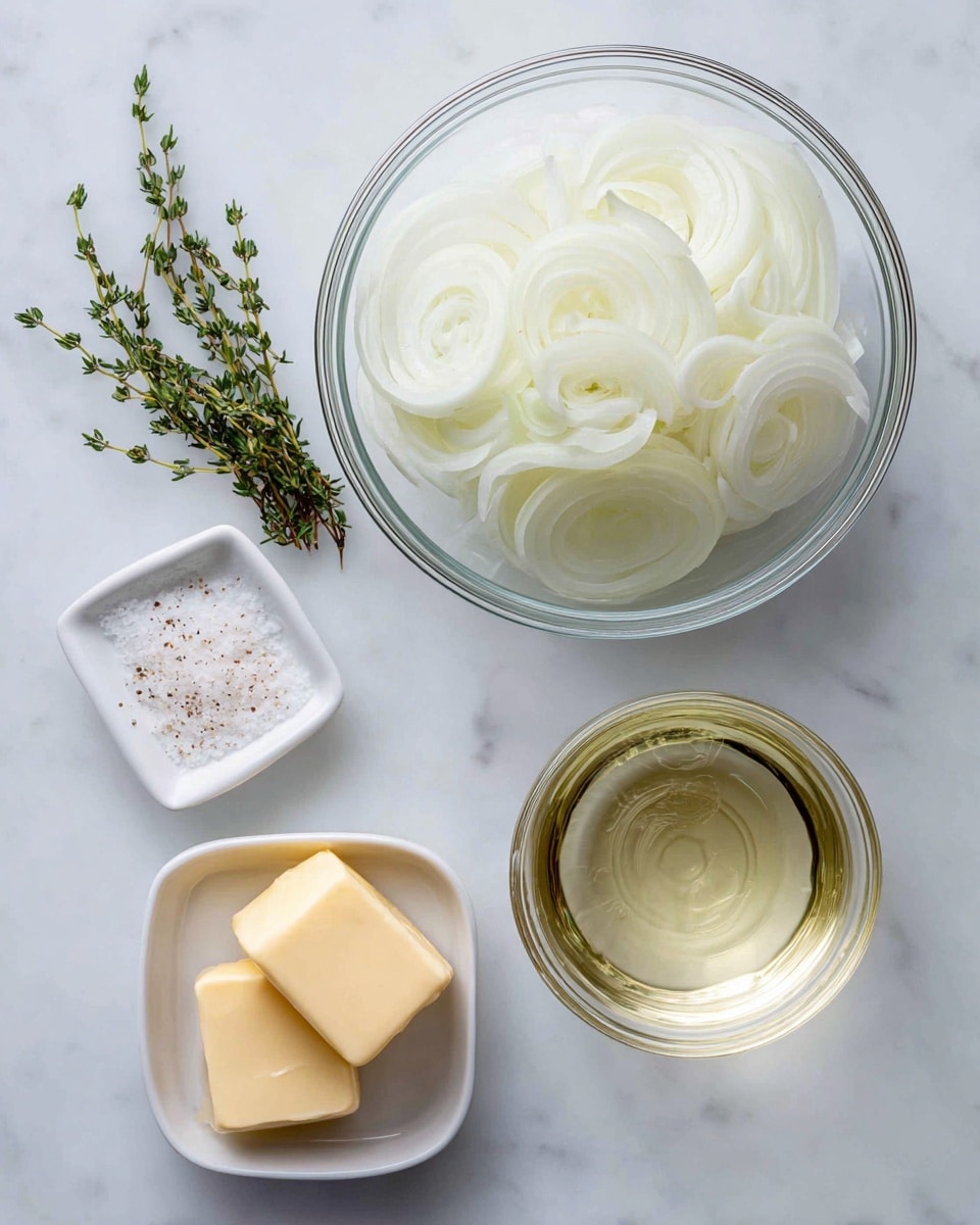 The image shows four containers with ingredients laid out on a white marbled surface. On the top right is a clear glass bowl filled with sliced white onions, showing their soft translucent layers. Below it, on the bottom right, there is a smaller clear glass bowl containing pale yellow white wine. On the bottom left, a small white rectangular dish holds a few green sprigs of thyme and a small pile of coarse white salt, arranged neatly side by side. On the top left, a small white bowl contains two soft yellow pats of butter. Each container is placed separately with clear spacing between them. The photo taken with an iphone --ar 4:5 --v 7