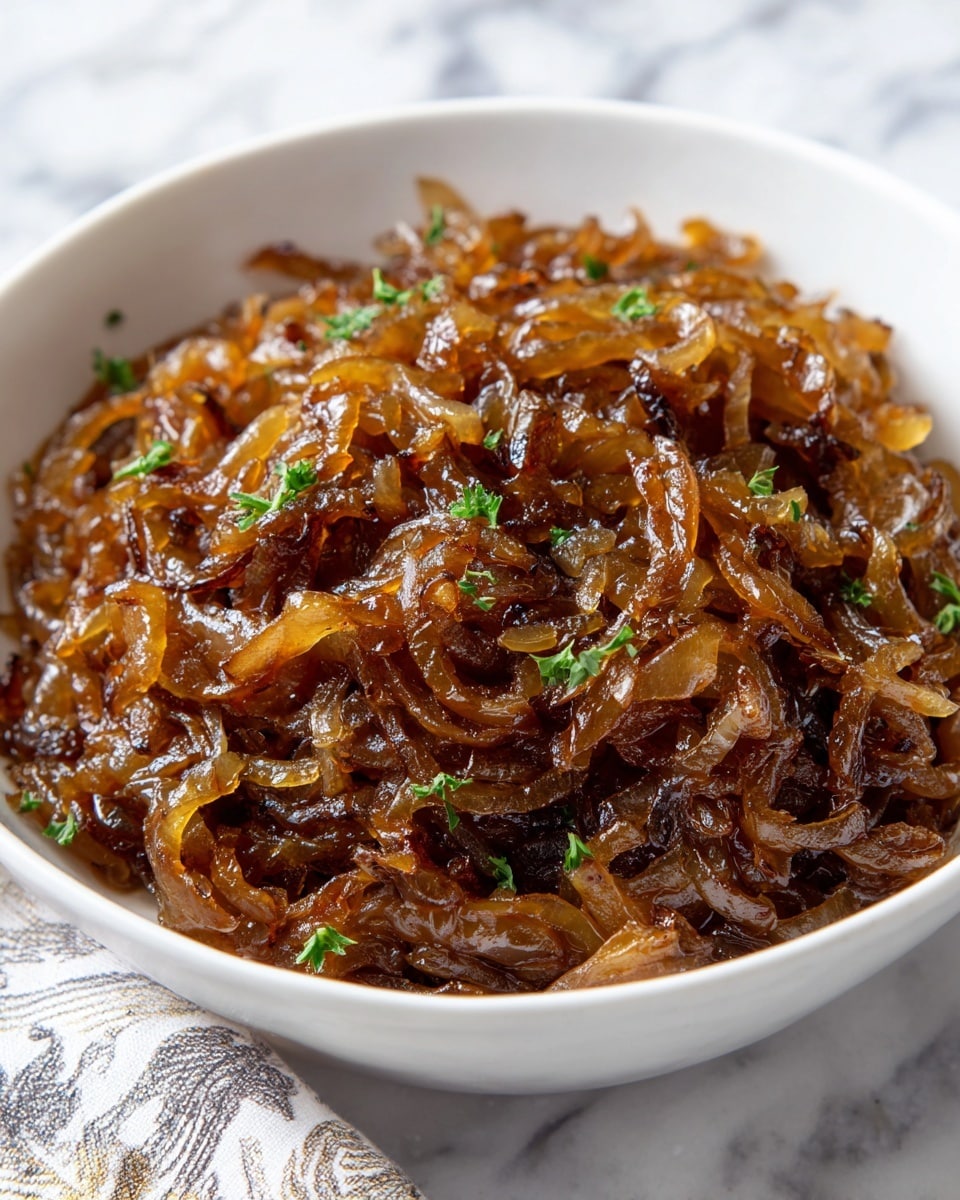 The image shows a white bowl filled with caramelized onions that have a glossy, dark golden-brown color. The onions appear soft and slightly curled with a shiny texture from cooking, layered thickly inside the bowl. Small green herb bits, likely parsley, are sprinkled on top, adding a fresh color contrast. The bowl sits on a white marbled surface, and part of a cloth with a subtle pattern is visible near the bottom left corner. The photo taken with an iphone --ar 4:5 --v 7