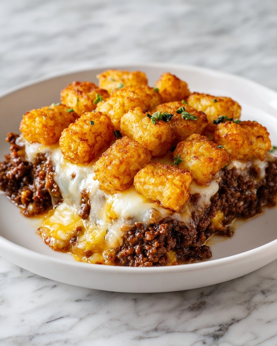 This image shows a white ceramic dish with a layered tater tot casserole. The bottom layer is a creamy mixture with small chunks of brown ground meat and small pieces of orange carrot and green peas. On top of that is a thick layer of golden brown tater tots that are crispy and covered with melted yellow and white cheese. Small green herb pieces are sprinkled over the tater tots. The white marbled surface is visible around the dish. The corner of the casserole has been scooped out slightly, revealing the inside layers. Photo taken with an iphone --ar 4:5 --v 7