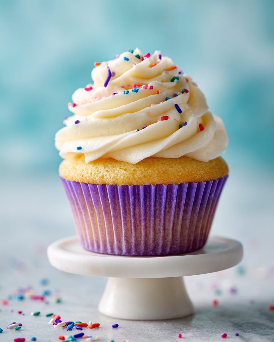 A single vanilla cupcake sits in a purple paper liner on a small white cake stand with a smooth, shiny surface, against a soft blue background. The cupcake has two main layers: the light golden cake base with a spongy texture and a thick swirl of creamy white frosting on top. The frosting is smooth and fluffy, twirled high with soft peaks, and scattered with small, colorful sprinkles in shades of blue, pink, green, and purple. The background is plain with no extra items, making the cupcake the clear focus of the image. photo taken with an iphone --ar 4:5 --v 7