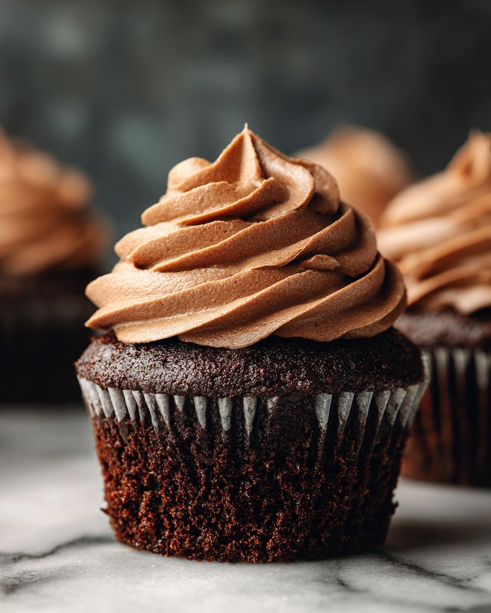 A close-up of a chocolate cupcake with one layer of dark, moist chocolate cake topped with a thick swirl of light brown chocolate frosting on top. The frosting has a soft, creamy texture with visible folds and smooth peaks. The cupcake wrapper is dark and crinkled around the base. The background shows a blurred dark area, and the cupcake sits on a white marbled texture surface. photo taken with an iphone --ar 4:5 --v 7