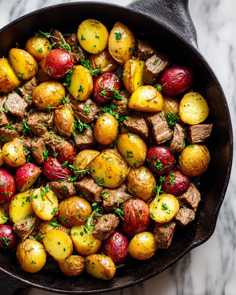 The image shows a close-up of a black cast iron pan filled with cooked chunks of brown meat mixed with halved red and yellow potatoes. The potatoes have a slightly crispy, golden skin with a soft inside, speckled with green herbs. The meat pieces are browned and juicy, scattered evenly among the potatoes. Small green herb leaves are mixed throughout, adding a fresh touch. The pan sits on a white marbled surface. photo taken with an iphone --ar 4:5 --v 7