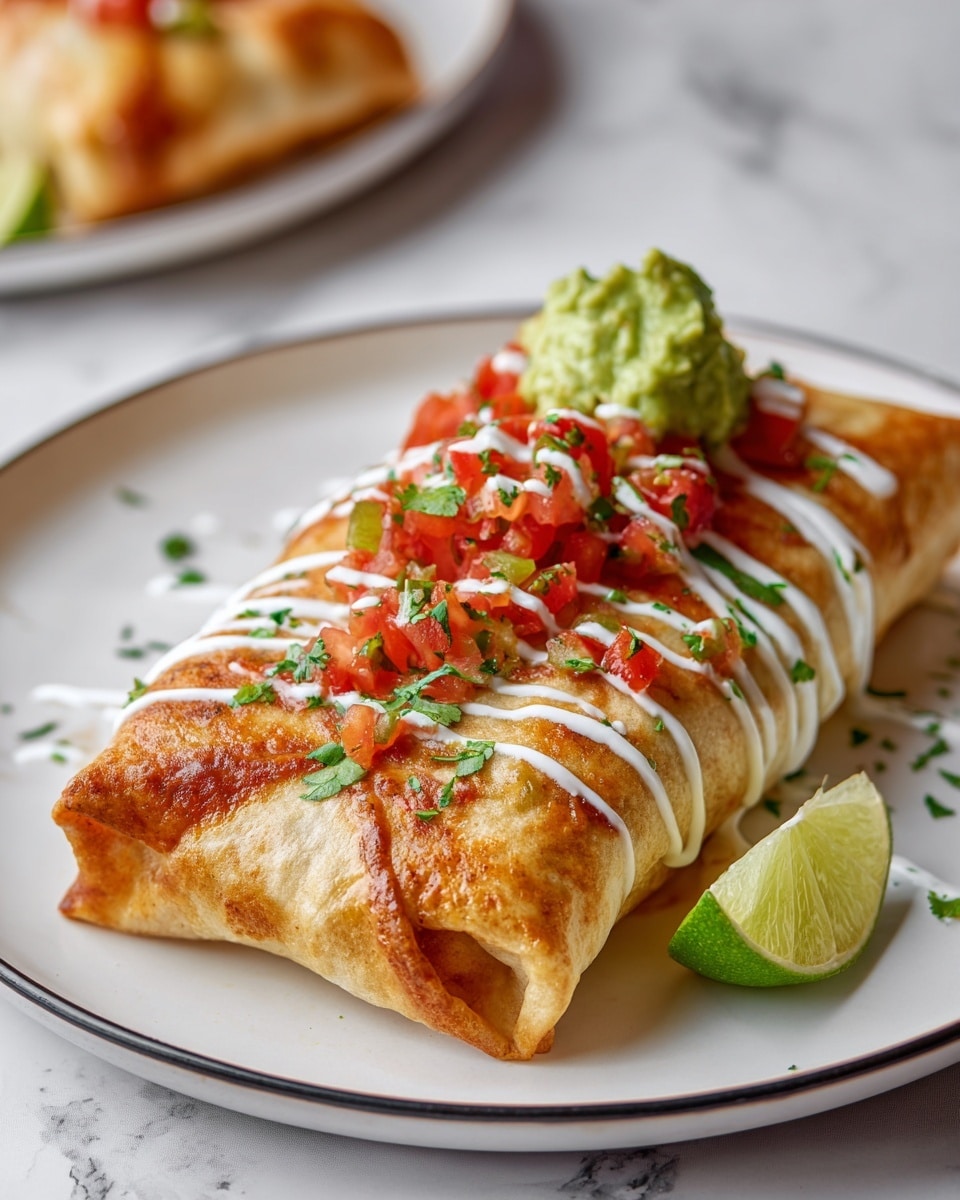 A single golden-brown burrito with a crispy texture sits folded neatly on a white plate with a thin black rim, placed on a white marbled surface. The burrito is topped with a small scoop of green guacamole and a chunky red salsa made of diced tomatoes and green peppers. White creamy sauce is drizzled in thin lines across the top of the burrito, adding contrast. A wedge of lime with a light green color leans against the side of the burrito. In the blurred background, another burrito is visible. Photo taken with an iphone --ar 4:5 --v 7