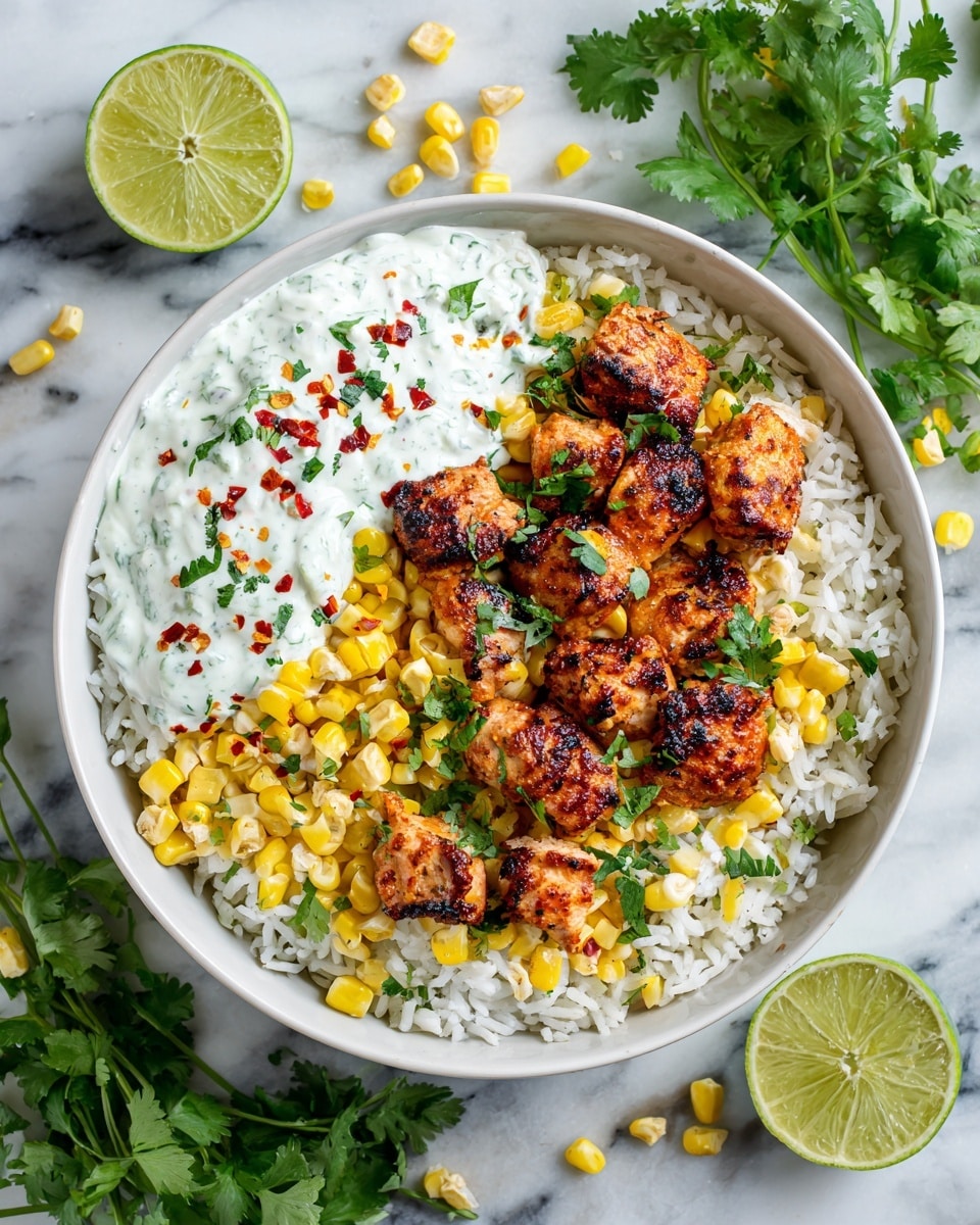 The image shows a white bowl filled with a layered dish. At the bottom, there is a layer of white rice with visible grains. On top of the rice, pieces of dark brown, grilled food with charred edges are placed, looking juicy and well cooked. Scattered over the dish are small golden chickpeas and a sprinkling of fresh chopped green herbs. A woman's hand is holding a spoon, lifting a scoop of the food towards the camera. The background has a white marbled texture with an out-of-focus green vegetable and a small white bowl with pink and white food inside. Photo taken with an iphone --ar 4:5 --v 7