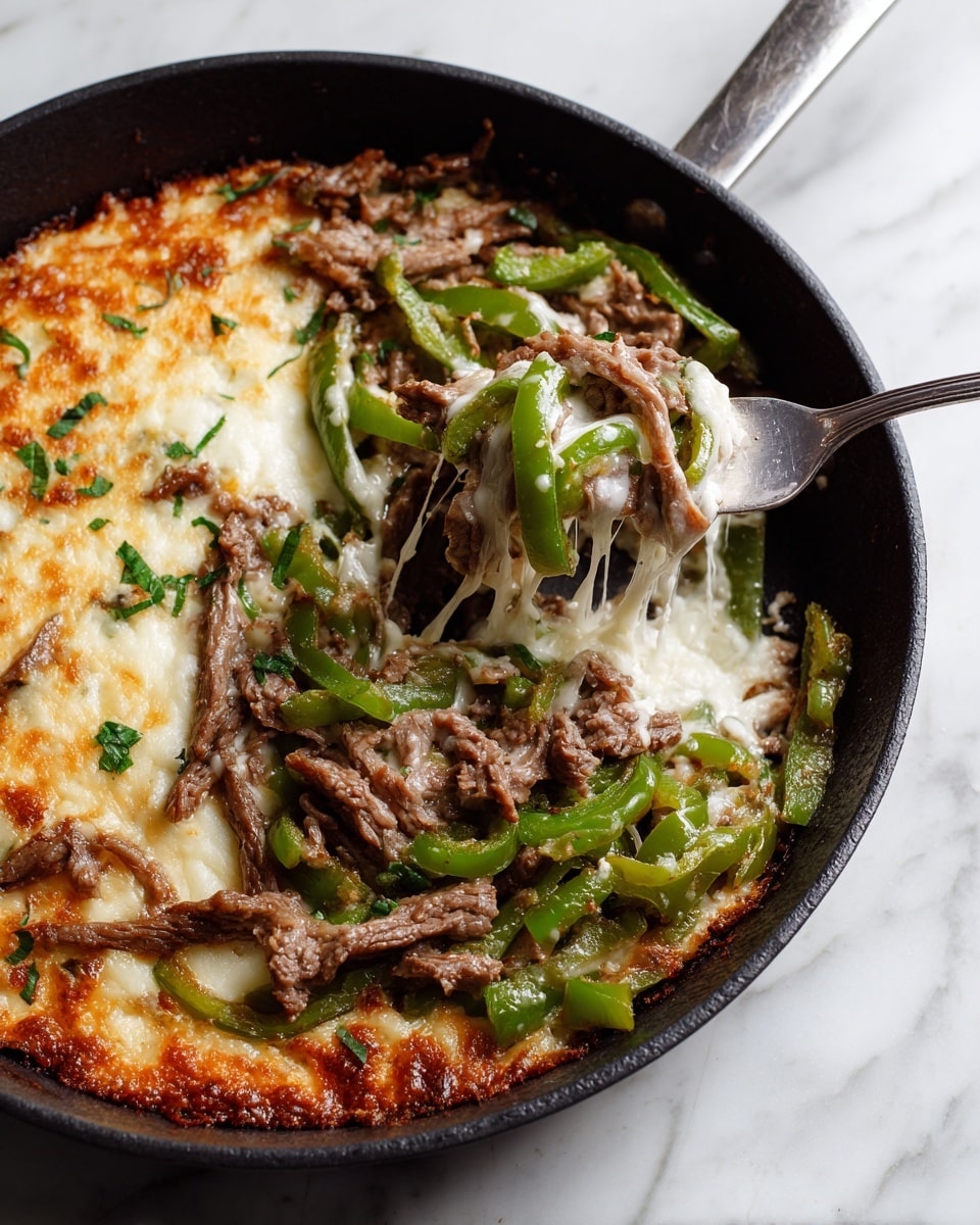 A black skillet filled with a cheesy dish showing three layers: the bottom layer is melted white cheese, the middle layer has cooked green bell pepper strips, and the top layer is tender brown beef strips with some green herbs sprinkled on top. One section is lifted by a silver fork revealing stretchy melted cheese mixed with the green peppers and beef on top. The skillet is placed on a white marbled surface. photo taken with an iphone --ar 4:5 --v 7