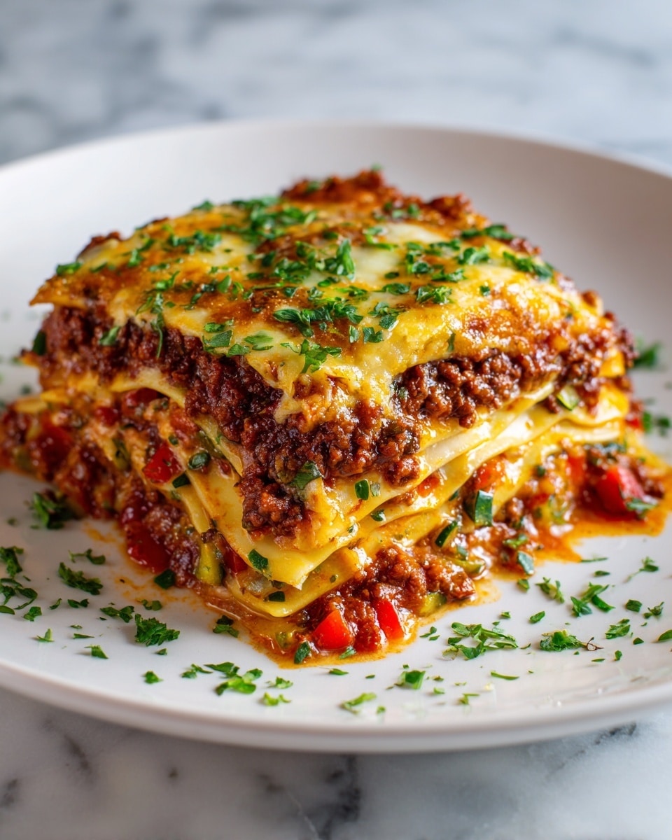 A square piece of lasagna sits on a white plate on a white marbled surface. The lasagna has multiple visible layers, starting with a base layer of red tomato sauce mixed with green zucchini pieces, topped by a thick layer of cooked ground meat blended with more sauce, then another layer of thin zucchini strips, followed by another meat and sauce mixture. The top layer is covered with melted golden cheese that has some browned spots, garnished with fresh chopped green basil leaves scattered over the cheese and plate edges. Photo taken with an iphone --ar 4:5 --v 7