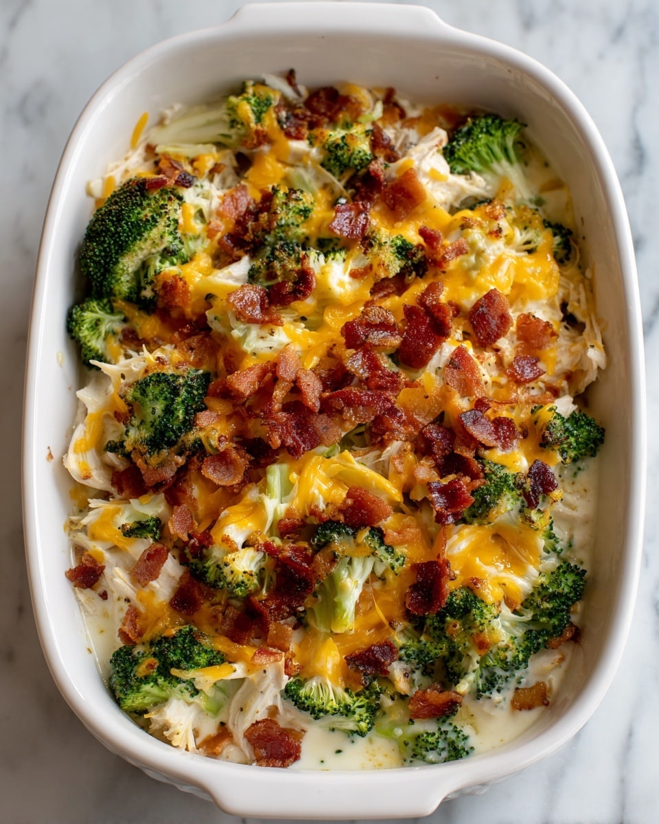 The dish is shown in a white baking dish with shredded white chicken pieces mixed with bright green broccoli florets and topped with melted yellow cheddar cheese and small crispy reddish-brown bacon bits. A creamy white sauce is visible at the bottom, and the texture looks soft and gooey from the cheese. The broccoli pieces are slightly cooked, keeping some firm texture and vibrant color. The image is taken on a white marbled surface. photo taken with an iphone --ar 4:5 --v 7