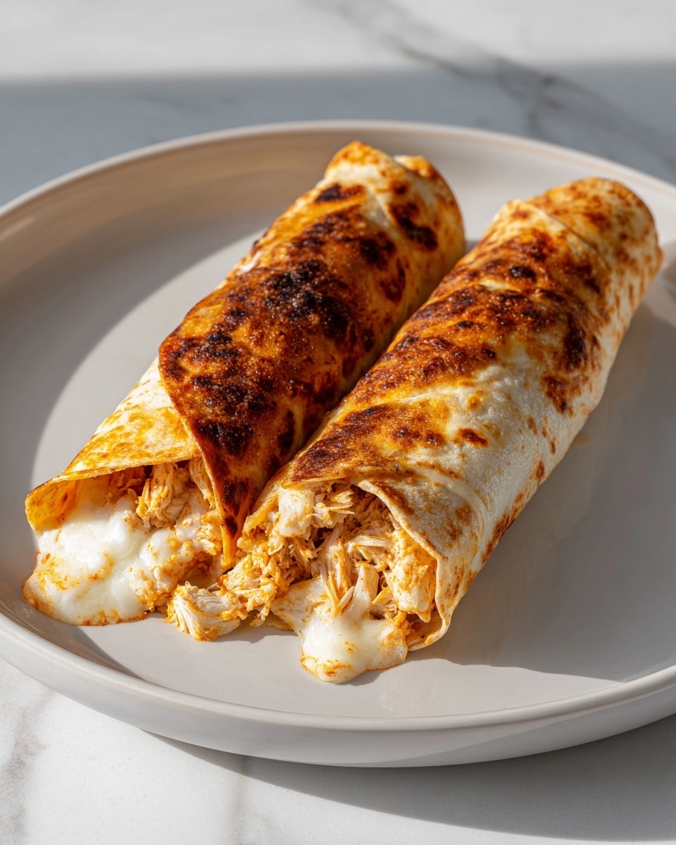 The image shows a burrito cut in half on a white plate, placed on a white marbled surface near a window. The burrito has a golden-brown, slightly crispy tortilla outer layer with some darker toasted spots. Inside, there are two main layers: shredded seasoned chicken in a light brown color, and melted white cheese that stretches between the two halves, oozing out onto the plate with some orange-colored oil around it. The burrito halves are positioned close to each other with the filling clearly visible in the front half. Photo taken with an iphone --ar 4:5 --v 7