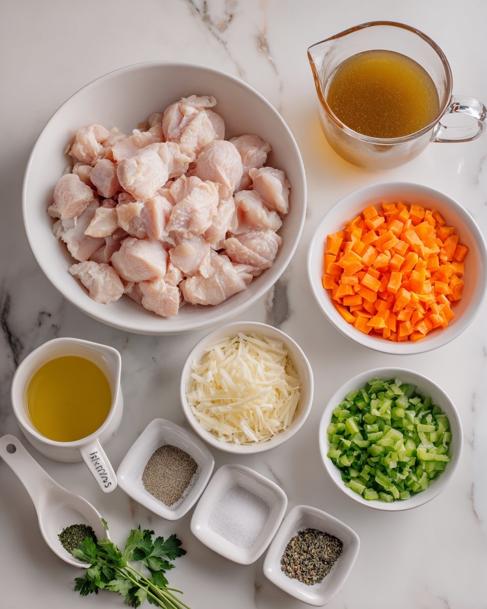 The image shows several white bowls and containers arranged on a white marbled surface, each holding a different cooking ingredient. At the center is a white bowl filled with raw, pale pink chicken pieces. Surrounding it are smaller white bowls containing chopped green celery, shredded orange carrots, finely chopped white onions, minced garlic, and grated pale yellow parmesan cheese. There is also a white cup with golden olive oil and a clear glass measuring jug with light brown chicken broth. Next to the broth are small white containers with salt and black pepper. A white measuring spoon holds fresh green parsley leaves. Each ingredient is neatly placed and labeled, creating a clean and organized display. Photo taken with an iphone --ar 4:5 --v 7