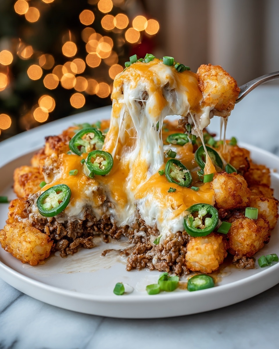 This dish shows three clear layers on a white plate against a white marbled surface. The bottom layer is a base of browned ground meat, chunky and dark brown. The middle layer is melted white and orange cheese that drapes over the meat, flowing slightly onto the plate. The top layer has crispy, round golden-brown tater tots scattered evenly, with a few small bits of dark green herbs on top. The dish looks rich and hot, with the cheese melting and shining under warm lighting. Photo taken with an iphone --ar 4:5 --v 7