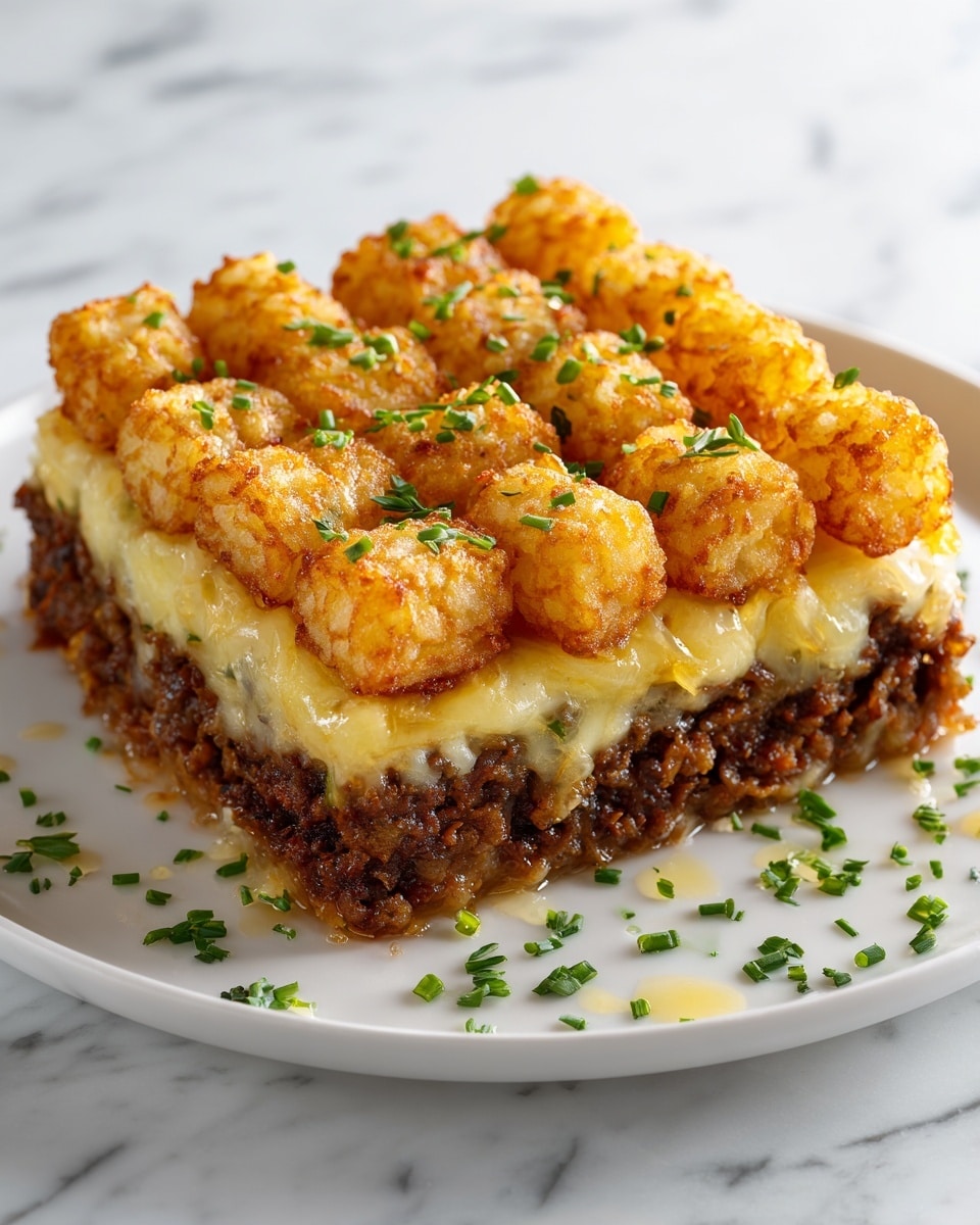 The dish shows three clear layers on a white plate with a white marbled surface. The bottom layer is crumbly browned ground meat in dark brown color, slightly moist. The middle layer is melted light yellow cheese, soft and slightly oozing over the meat. The top layer is a neat square grid of golden brown, crispy tater tots arranged closely together, with some darker orange melted cheese patches in the middle and sprinkled with small, fresh green parsley pieces. Photo taken with an iphone --ar 4:5 --v 7
