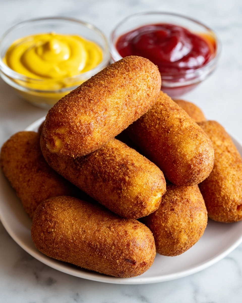 A white basket lined with red and white checkered paper holds about ten small, golden brown corn dog nuggets. They have a crispy, crunchy texture on the outside. Two corn dog nuggets are on top and dressed with sauces—one has bright yellow mustard in a zigzag pattern, and the other has thick red ketchup on top. The basket sits on a white marbled surface. photo taken with an iphone --ar 4:5 --v 7