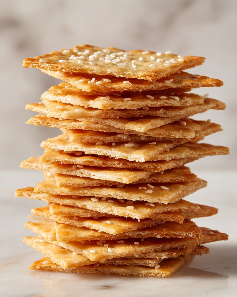 A stack of eleven light golden crackers is shown close up, each cracker square with rough, slightly uneven edges and sprinkled with white sesame seeds on the top side. The crackers have a thin, crisp texture with small air pockets visible along the edges. They are stacked unevenly, with slight gaps between layers, creating a tall, slightly leaning tower against a soft white marbled background. The overall color is warm beige with a subtle shine from the surface, making the sesame seeds stand out clearly. photo taken with an iphone --ar 4:5 --v 7