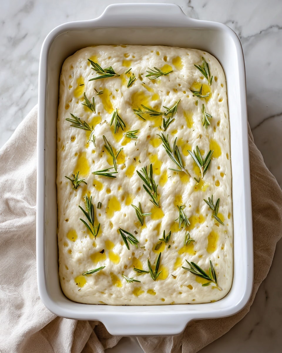 The image shows a white rectangular baking dish filled with a focaccia bread dough that looks soft and puffy. The dough has an uneven, bumpy texture with small air pockets and dimples all over the surface. It is lightly brushed with olive oil, giving a slight shine, and fresh green rosemary sprigs are scattered on top, adding contrast. The dish is placed on a white marbled surface with a beige cloth partly visible under one side. Photo taken with an iphone --ar 4:5 --v 7