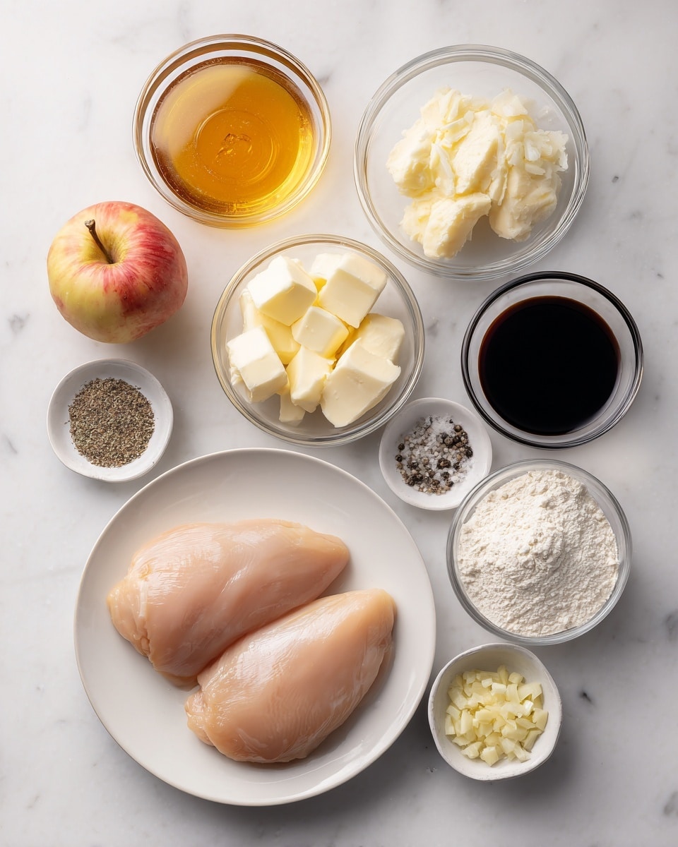 The image shows various cooking ingredients arranged neatly on a white marbled surface. At the center-bottom, there is a white plate holding two raw, pale pink chicken pieces with smooth texture. Above and around the plate, there are small clear glass bowls with different ingredients: a bowl of golden honey with a shiny, thick texture to the left, a light brown apple cider vinegar with a smooth surface at the top center, a small bowl of black soy sauce with a glossy finish on the left, a bowl of white and soft butter cubes near the center, a bowl of fine white flour with a powdery texture to the right, a small round bowl holding a mix of salt and black pepper showing white and black granules close to the top right, and a small bowl of finely chopped, pale yellow garlic near the bottom left. Each ingredient is well separated with clear colors and textures visible. Photo taken with an iphone --ar 4:5 --v 7