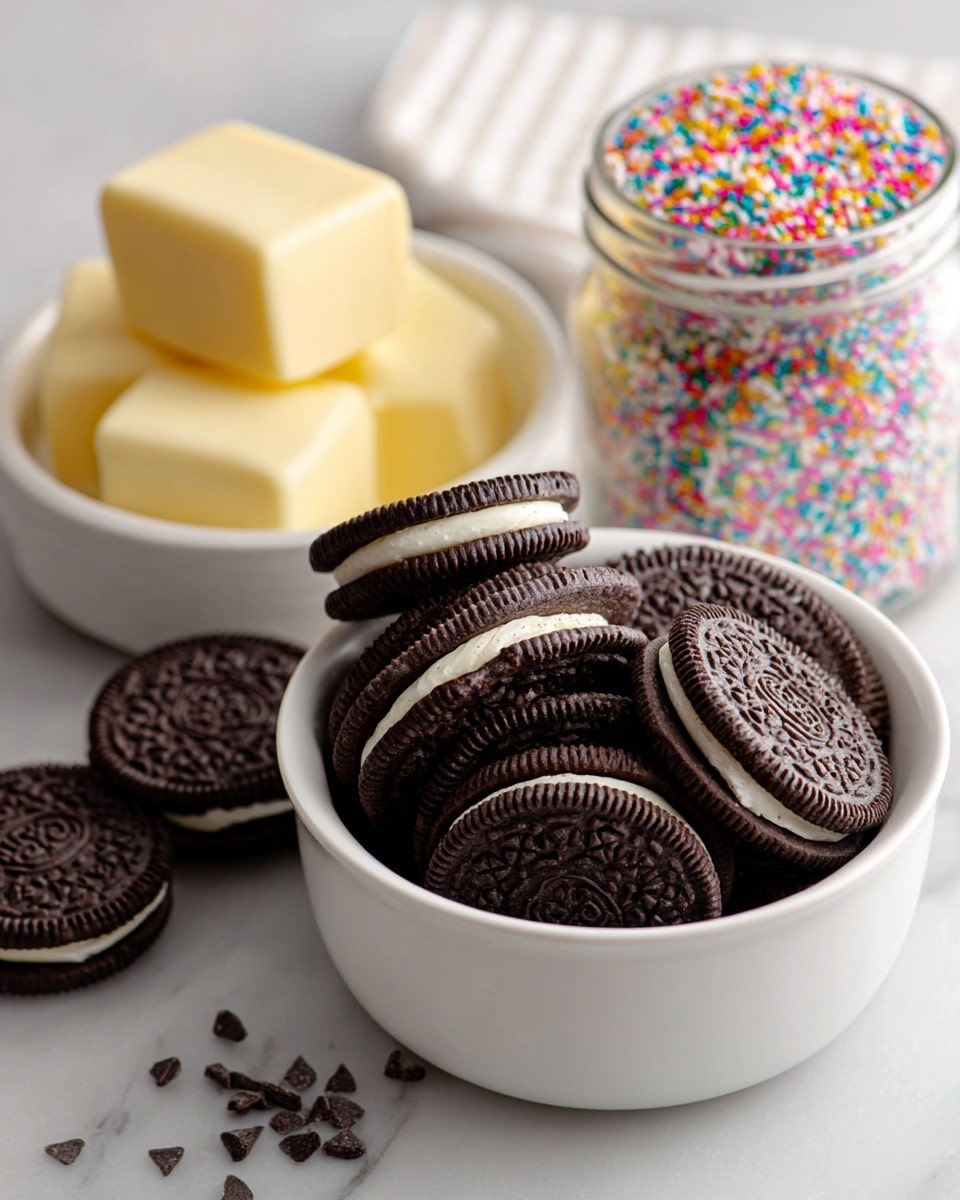 The image shows a white bowl filled with dark brown sandwich cookies with white cream filling, stacked loosely inside. Next to it, on a white marbled surface, there is a smaller white bowl containing two blocks of pale yellow butter. Behind the bowls, a colorful jar of sprinkles with a white lid is visible. Photo taken with an iphone --ar 4:5 --v 7