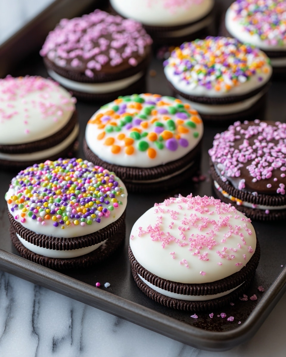 The image shows several chocolate sandwich cookies arranged on a dark baking tray, each cookie dipped halfway in white coating. The cookies have two dark chocolate layers with a visible cream filling in the middle. On top of the white coating, some cookies are decorated with colorful round sprinkles in pastel shades of pink, green, orange, yellow, and purple, while others have pink or green sugar crystals. The overall look is playful and festive with different sprinkle patterns on each cookie. The tray rests on a white marbled surface. photo taken with an iphone --ar 4:5 --v 7