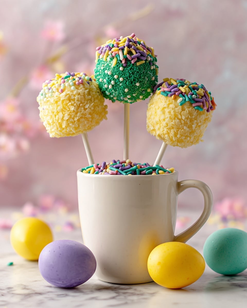 Three cake pops stand upright in a white ceramic cup filled with colorful, thin, noodle-like sprinkles. Each cake pop has two layers: a yellow upper part with a grainy texture, and a bottom part in different colors—one with green and small round sprinkles, one yellow with a smooth texture, and one yellow covered with multicolored long sprinkles. The cup is surrounded by pastel-colored eggs in yellow, purple, and teal on a white marbled surface. The background is soft pink with out-of-focus confetti. Photo taken with an iphone --ar 4:5 --v 7