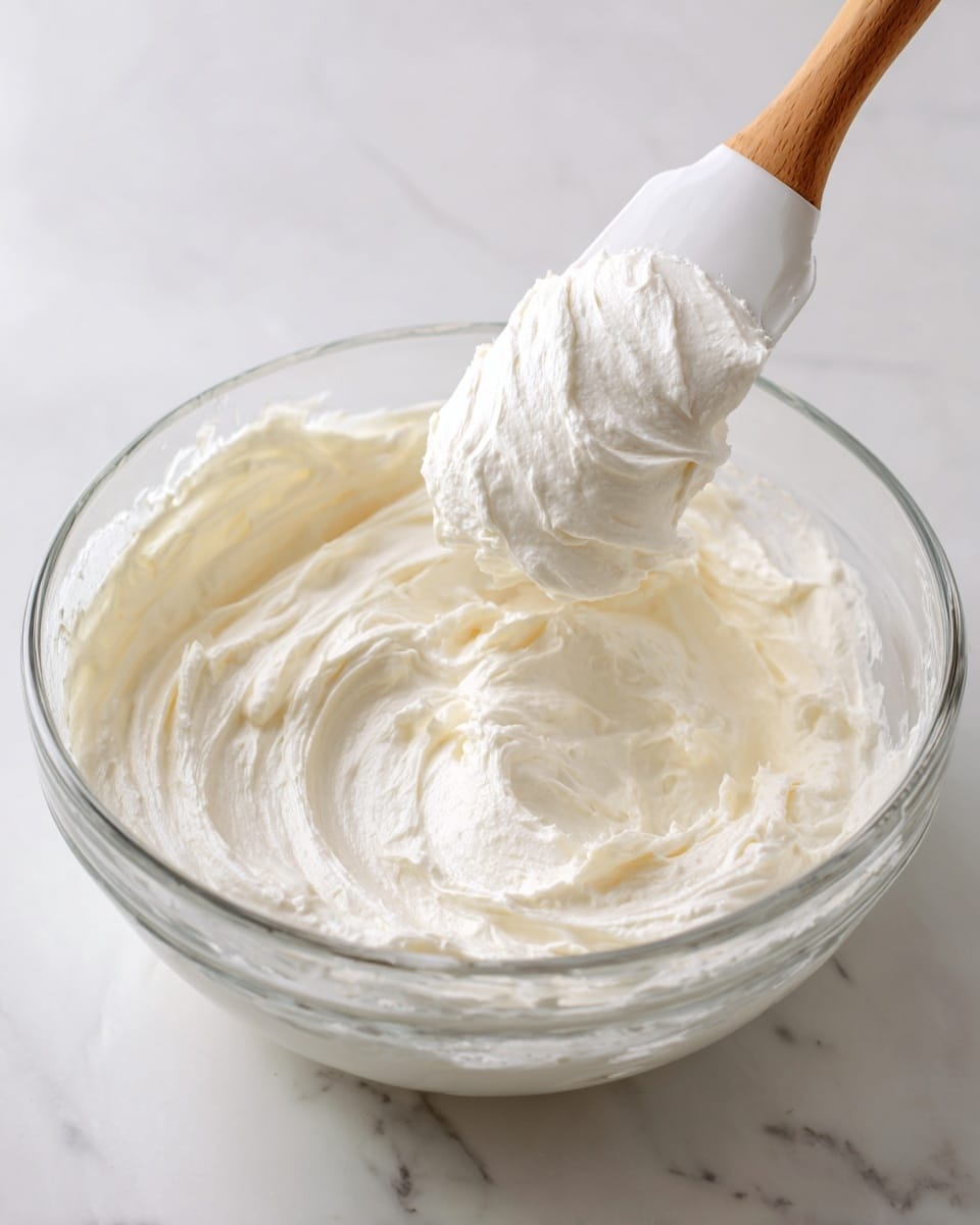 A clear glass bowl filled with a thick, creamy white mixture that has a soft, fluffy texture with visible folds and swirls. A white silicone spatula with a wooden handle is partially lifted above the bowl, holding a large dollop of the creamy mixture, showing its smooth yet airy consistency. The bowl sits on a white marbled surface, giving a clean and bright background to the creamy content. photo taken with an iphone --ar 4:5 --v 7