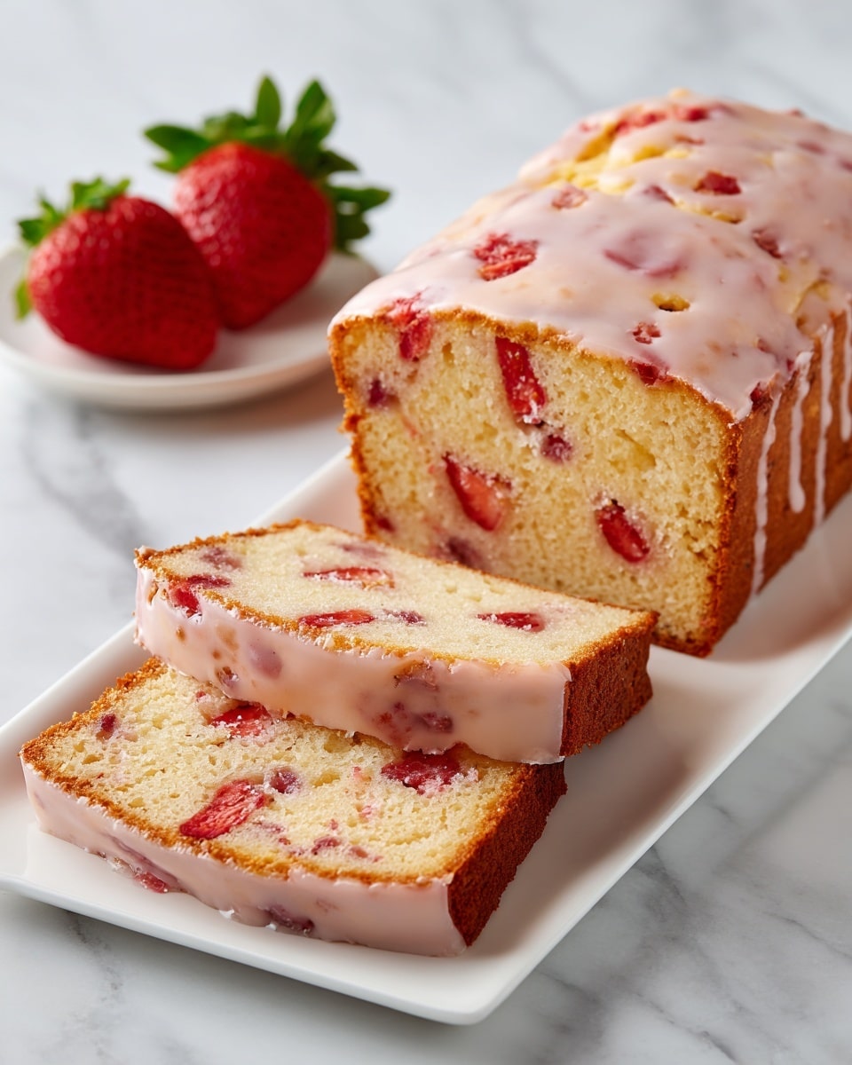 The image shows a loaf cake with a light golden crust and a soft, pale yellow inside, dotted with small pieces of red strawberries throughout. The top layer has a pinkish glaze with bits of strawberry embedded in it. Three slices of the cake are laid out in the front, showing the soft texture and fruit pieces inside, with the remaining loaf placed on a white rectangular plate behind them. Next to the loaf on the plate are a few whole strawberries with green leaves. The whole arrangement sits on a white marbled surface. photo taken with an iphone --ar 4:5 --v 7