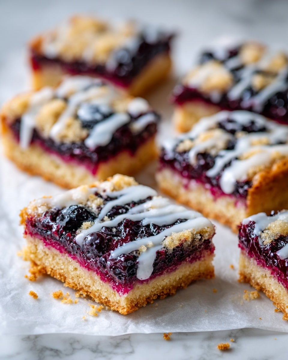 The image shows a batch of square berry dessert bars arranged on parchment paper over a white marbled surface. Each bar has three visible layers: a golden-brown crumbly base layer, a thick dark purple berry filling with whole berries visible, and a shiny white glaze drizzled unevenly over the top, giving a sweet glossy finish. One piece is positioned with a side view, clearly showing the crumbly texture of the base and the jammy filling layer above it. The glaze covers parts of each bar with some small crumb pieces mixing into it. Photo taken with an iphone --ar 4:5 --v 7