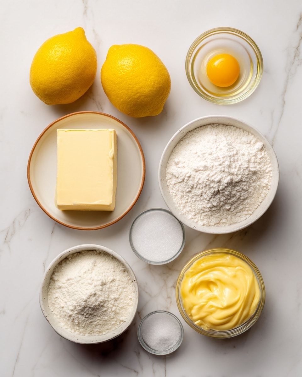 The image shows six separate ingredients placed on a white marbled surface: two whole yellow lemons in the top left corner, a small clear glass bowl holding a single bright yellow egg yolk above the center, a square block of pale butter sitting inside a white bowl with a light brown rim below the lemons, a full white bowl of fine white sugar to the right of the butter, a larger clear glass bowl filled with white flour below the sugar and butter, a small white bowl with thick yellow lemon curd near the bottom right, and a tiny clear bowl with a pinch of white salt to the right of the lemon curd; all are neatly arranged and labeled. photo taken with an iphone --ar 4:5 --v 7