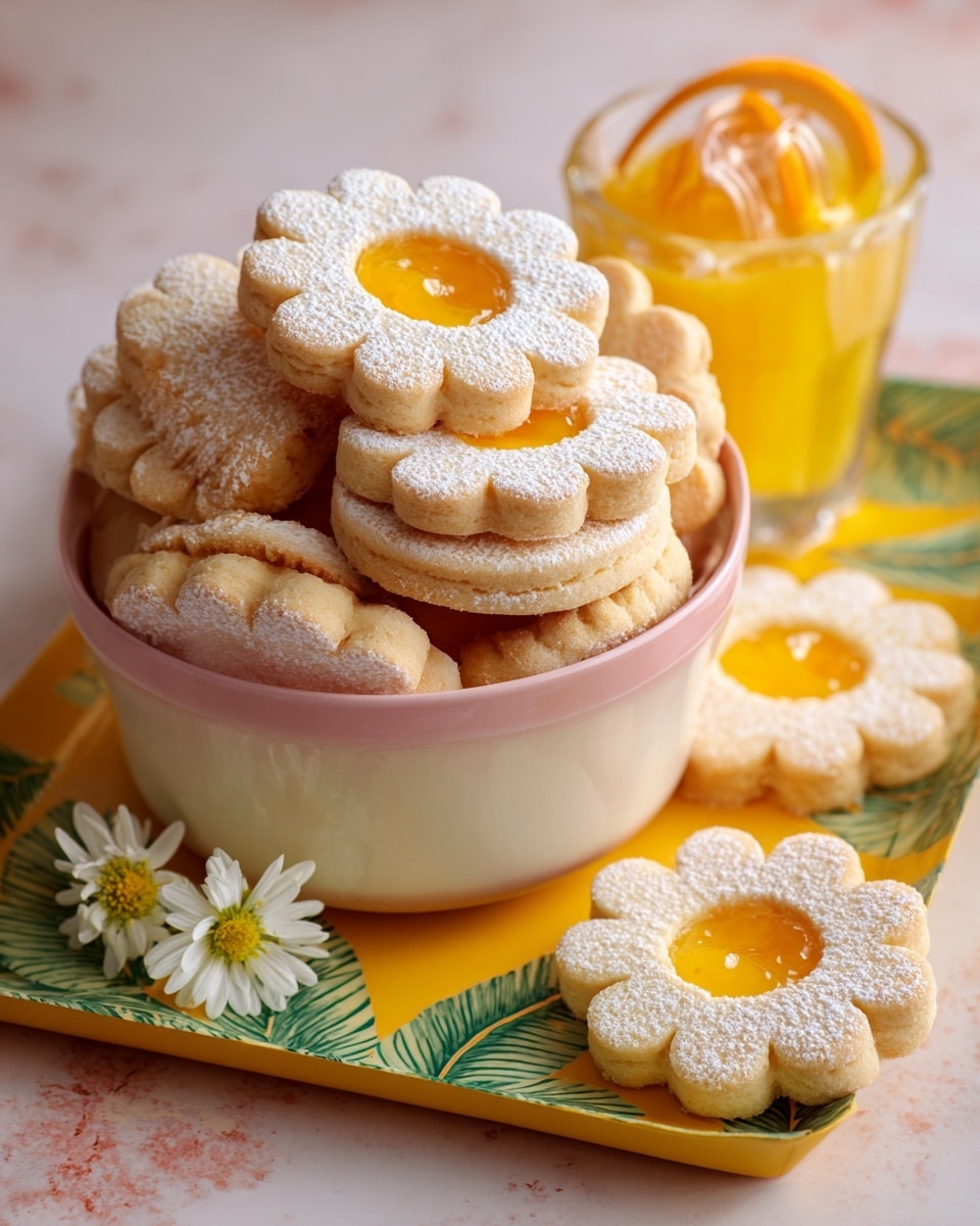 The image shows a white round plate filled with flower-shaped cookies layered in three parts. The bottom and top layers are light beige cookies dusted with powdered sugar, while the middle layer is bright orange jam visible in the center hole shaped like a flower. The cookies are stacked unevenly, some leaning on each other. A woman's hand is picking up one cookie from the right side of the plate. In the background, there is a clear glass of amber-colored tea and more cookies arranged on a yellow floral tray placed on a white marbled surface. The scene has soft, warm lighting. photo taken with an iphone --ar 4:5 --v 7