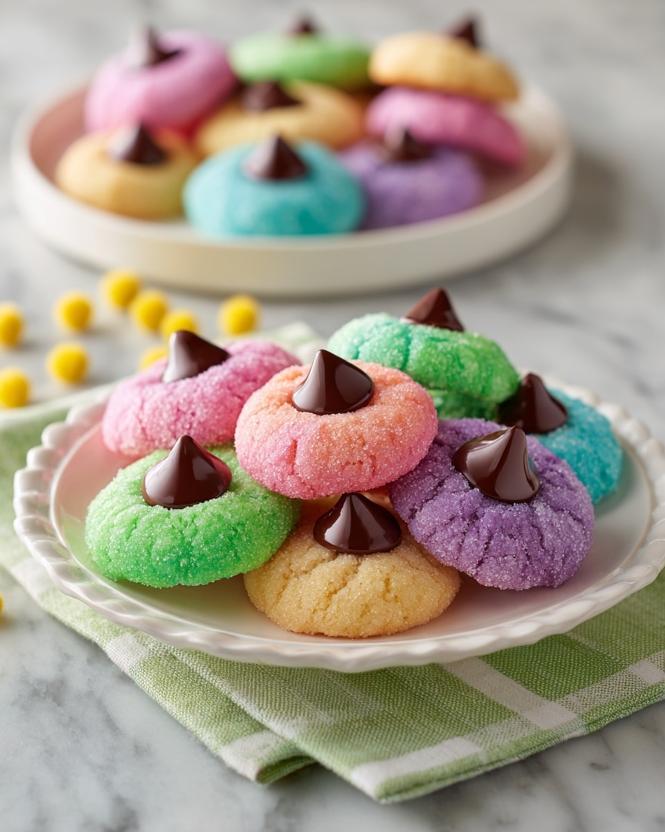A white scalloped-edge plate holds colorful round cookies, each coated in sparkling sugar of different bright colors like pink, blue, yellow, green, and purple. Each cookie has a central chocolate drop, dark and smooth, sitting neatly in a small hollow. The cookies have a slightly cracked texture on their surface, showing their soft inside. The plate is placed on a green and white striped cloth on a white marbled surface. In the background, more cookies are blurred on a white tiered stand, adding depth to the image. Photo taken with an iphone --ar 4:5 --v 7