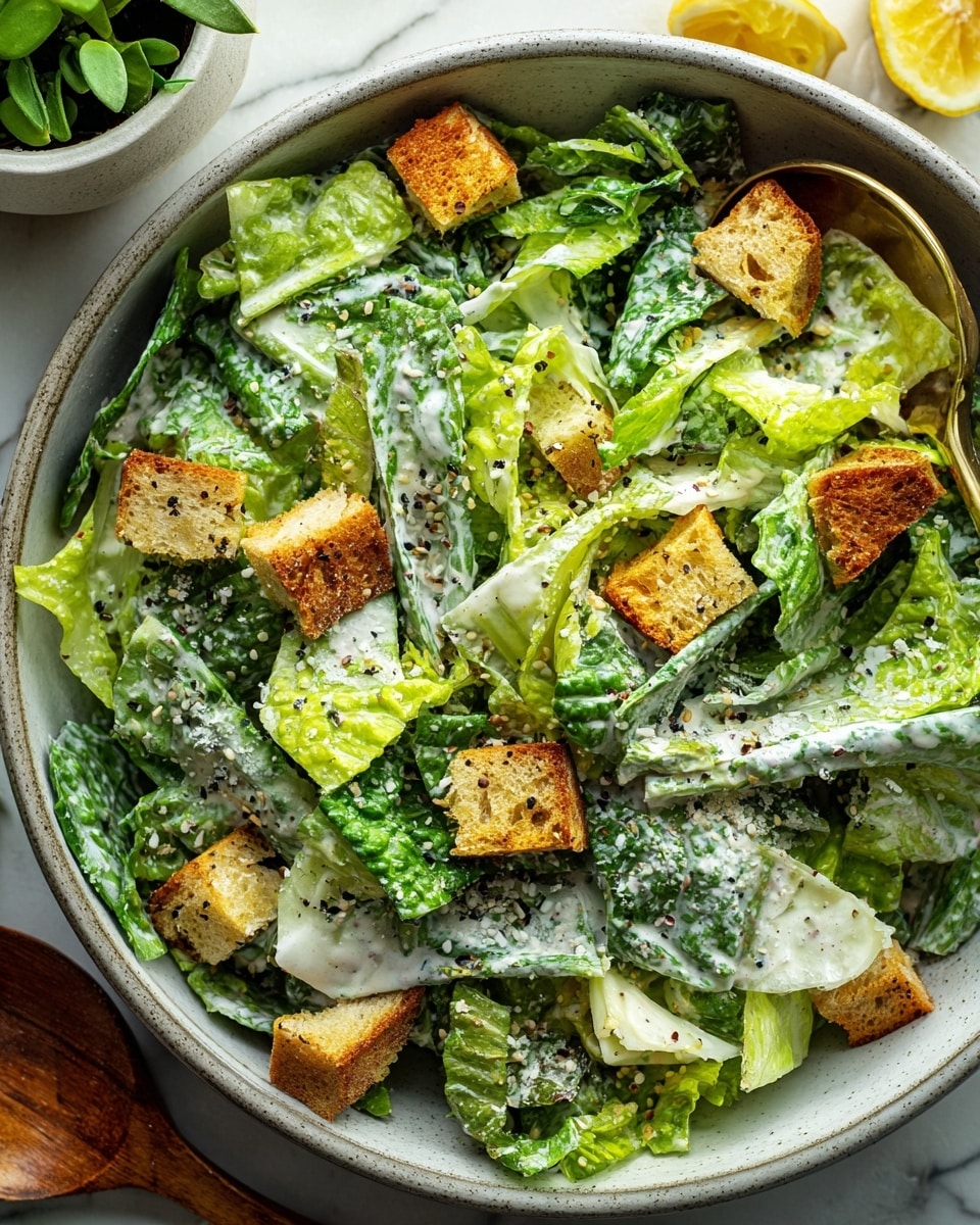 A white oval plate filled with a fresh Caesar salad sits on a white marbled surface. The salad has a base of bright green romaine lettuce leaves, topped with golden brown croutons scattered evenly throughout. Thin, light yellow slices of parmesan cheese are placed on top, along with a twisted lemon wedge resting in the center. A silver fork is stuck into the salad near the top edge of the plate. A woman's hand is gently holding the fork. The background features a soft yellow cloth and a glass of water slightly blurred in the distance. Photo taken with an iphone --ar 4:5 --v 7