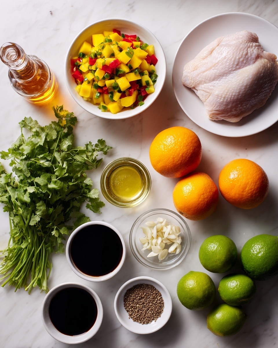 The image shows a flat lay of cooking ingredients on a white marbled surface, featuring a variety of colorful items placed separately. On the top right is a raw chicken piece on a white plate, next to two bright orange oranges. A bowl of vibrant mango salsa with a mix of yellow, red, and green pieces sits on the top left. Nearby is a bottle of honey with a golden-brown color. Several green limes and a bunch of fresh green cilantro fill the lower part of the image. Small white bowls contain minced garlic and dark soy sauce. There is also a small white dish with cumin seeds and a clear glass container with oil. The arrangement is neat, with all items easily visible from above, photo taken with an iphone --ar 4:5 --v 7